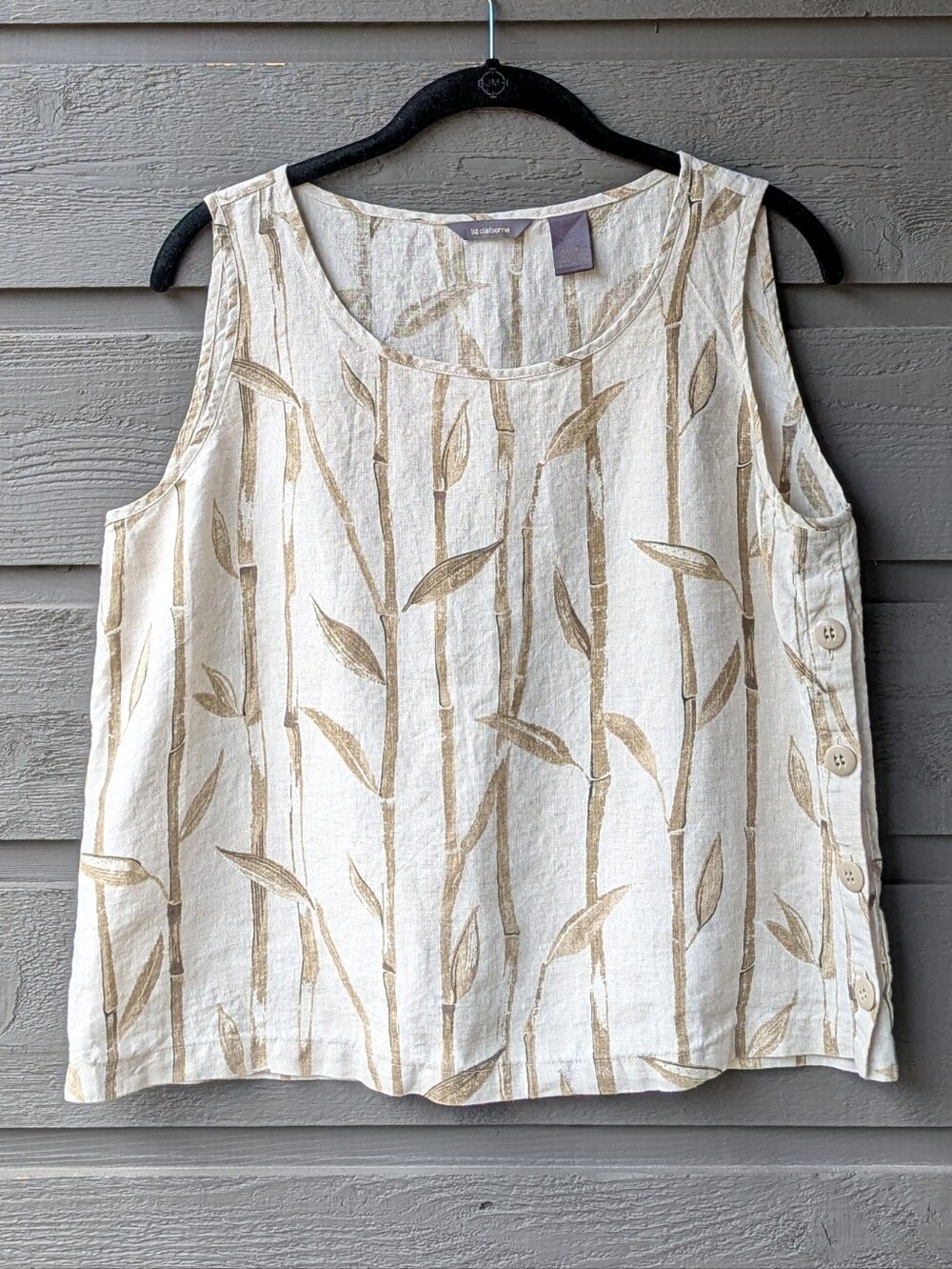 Liz Claiborne Sleeveless 100% Linen Bamboo Leaf Print Tank Top Shell Cream/Beige